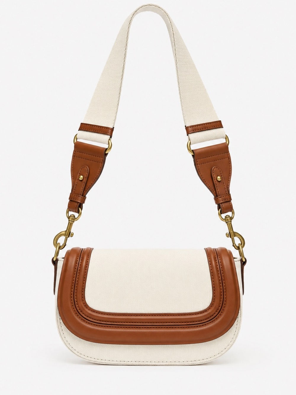 ZARA Canvas Shoulder Bag Cream Cognac Brown Wide Strap Gold Hardware